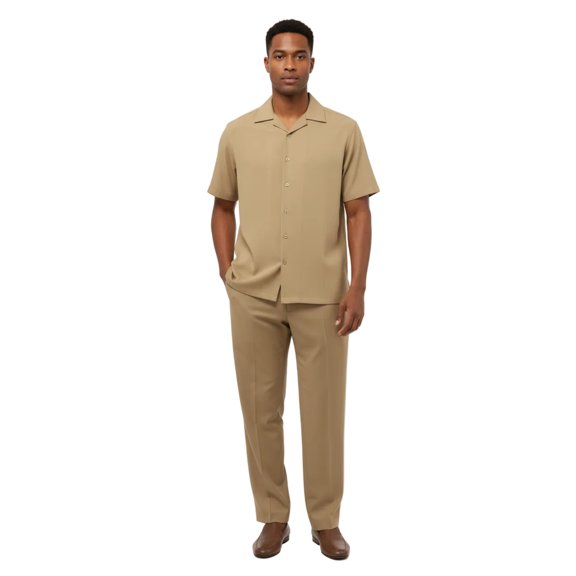 Mens INSERCH 2pc Walking Leisure Suit Shirt Pants Set Short Sleeves 9356 Khaki