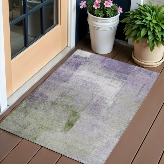 3' X 5' Purple Lavender And Green Abstract Washable Indoor Outdoor Area Rug