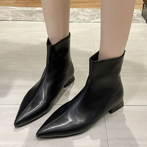 Bmisegm Womens Rain Boots Size 6 Fashion Women Leather Solid Color Autumn Thick Sole Square Heels Zipper Short Booties Pointed Toe Shoes Boots for Women Black 7.5