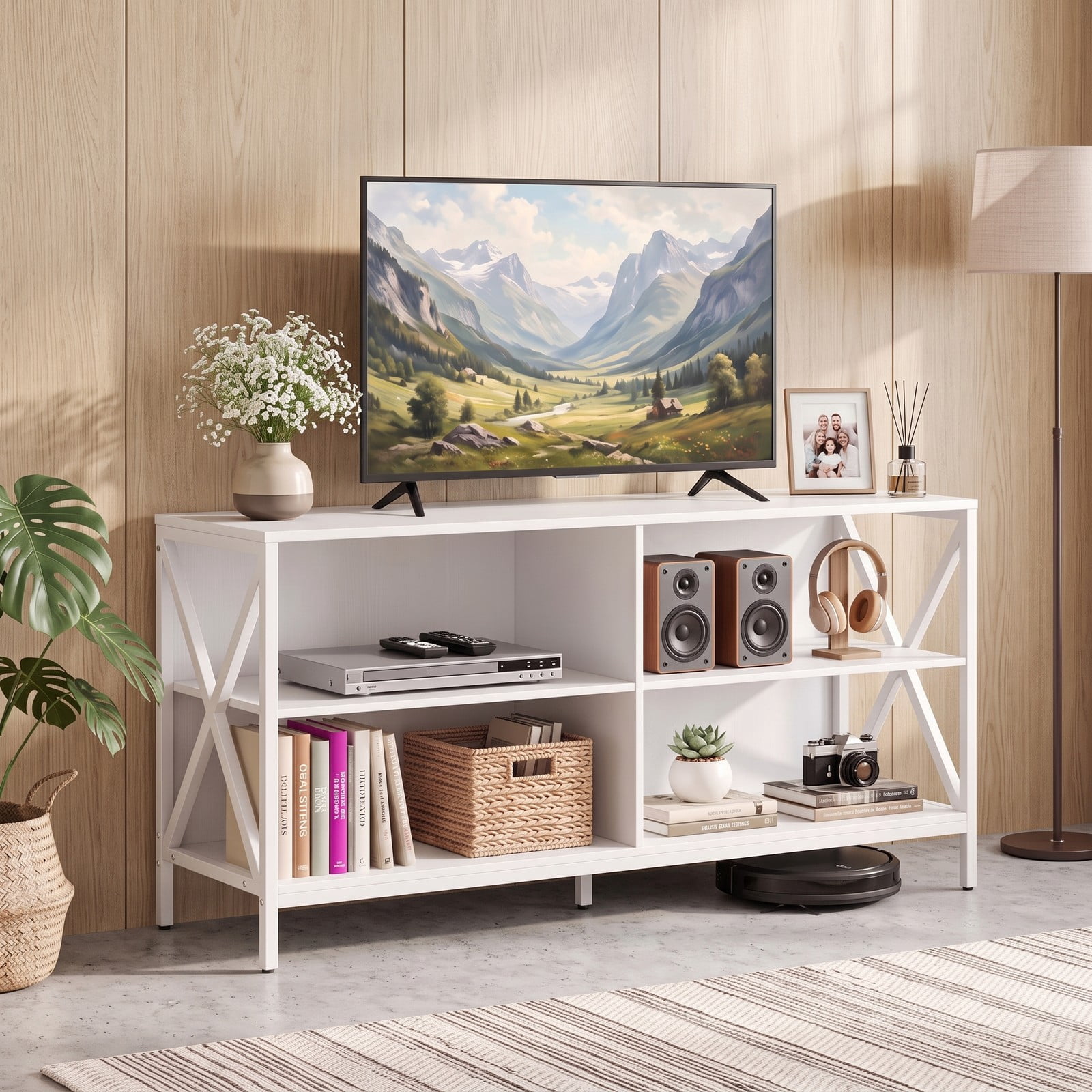 Furnibear Wooden TV Stand Entertainment Center for TVs up to 55 Inch, X-Shaped Metal Frame Media Console with Open Storage Compartments for Living Room, White & Black