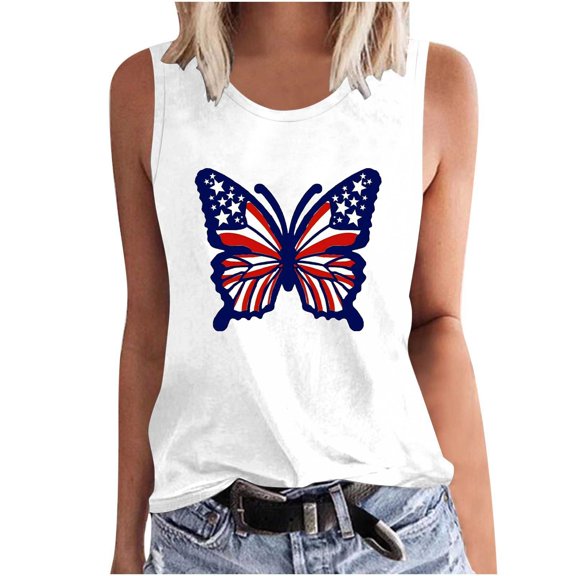 Women's USA Stars Stripes Tank Tops Summer Funny Crew Neck Butterfly Print Shirts Patriotic Sleeveless Independence Day Top White