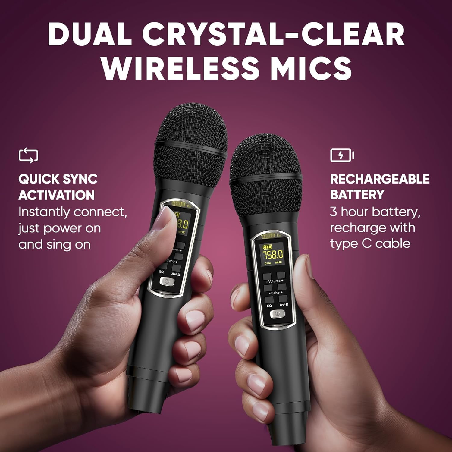 MASINGO Karaoke Machine for Adults & Kids with 2 UHF Wireless Microphones - Portable Singing PA Speaker System w/Two Bluetooth Mics, Party Lights, Lyrics Display Holder & TV Cable - Soprano X1 Pink