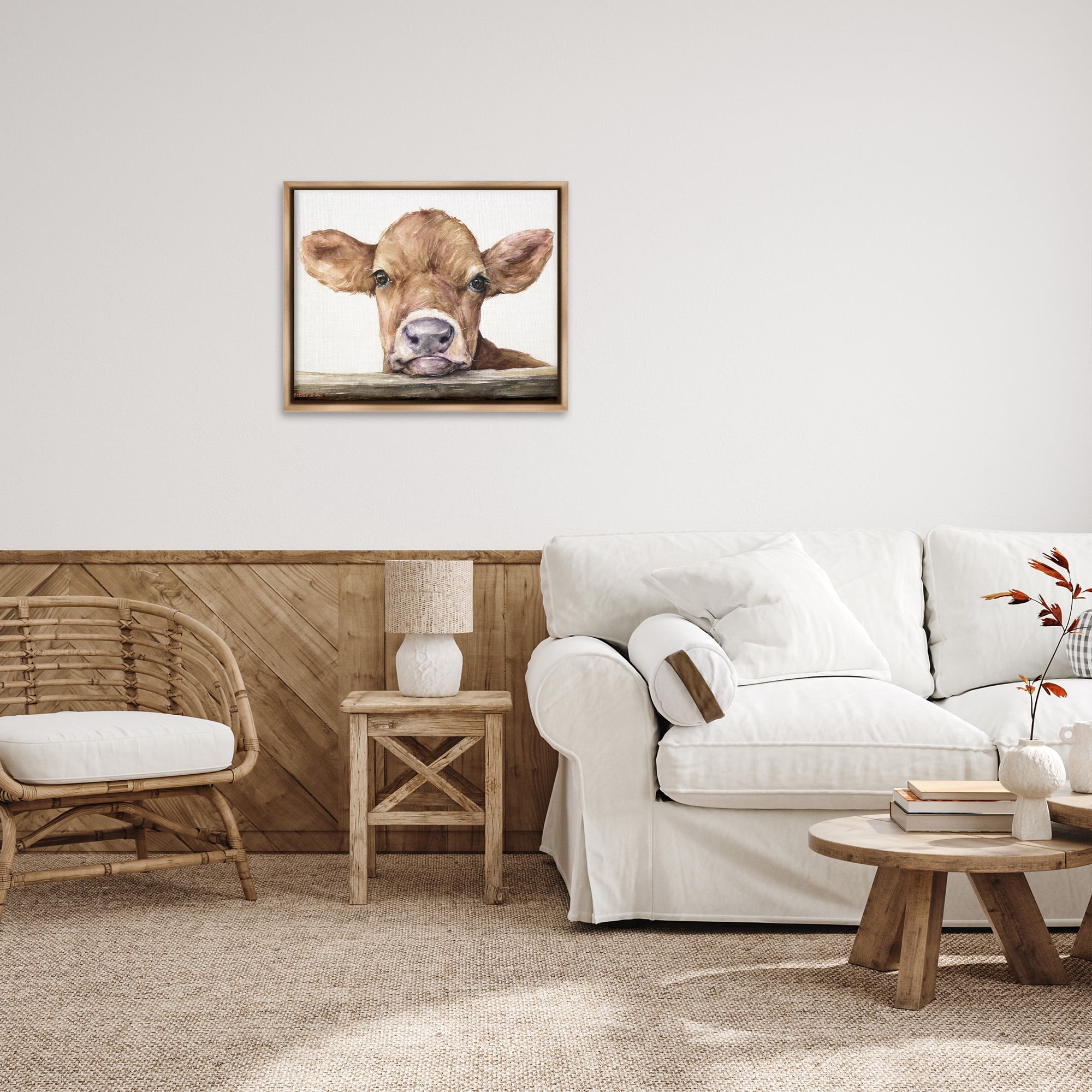 Stupell Industries Baby Cow Animal Watercolor Animals & Insects Painting Brown Floater Framed Canvas Art Print Wall Art, 31 x 25