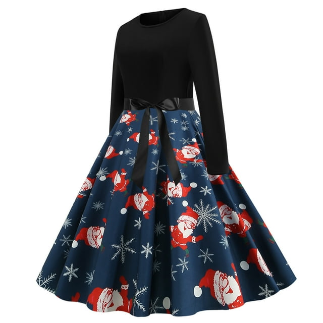 Robes de Noël Vintage pour Femmes Patchwork Robe Vintage Rockabilly Robes de Fête de Noël avec Nœud