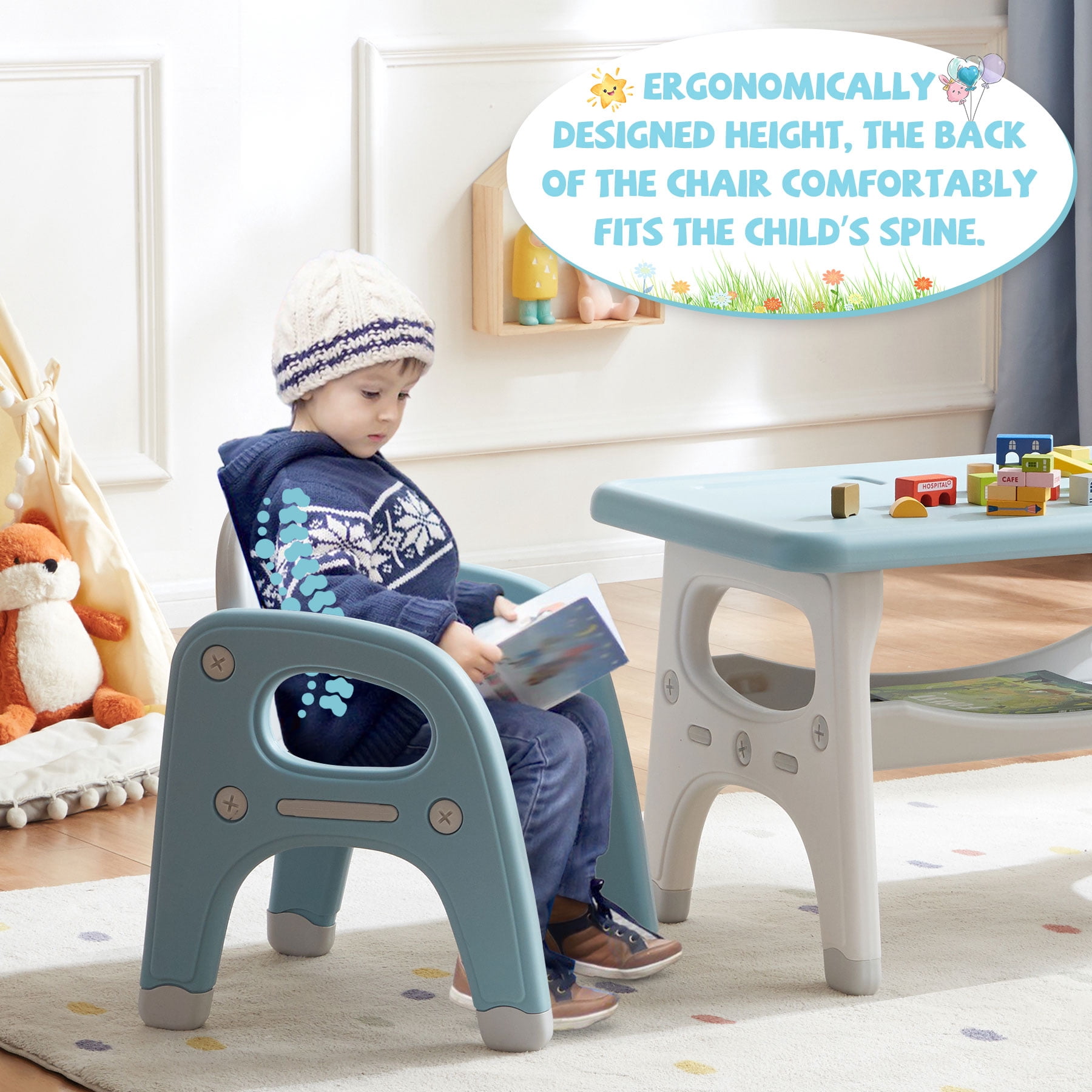 DOREROOM Kids 3-Piece Waterproof Activity Table and Chair Set, Blue
