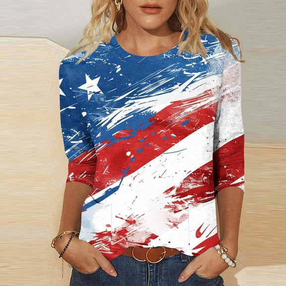 Mens Shirts 3/4 Sleeve Round Neck Independence Day Printed Pocket Summer T Shirt Red M