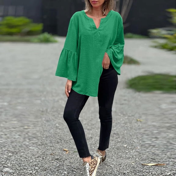 Women's Plus Size Cotton Linen Tunic, Long Sleeve V Neck Blouse with Flare Sleeve, Solid Color Loose Fit Top for Spring Summer Beach Casual Wear and Vacation Outfits Green L