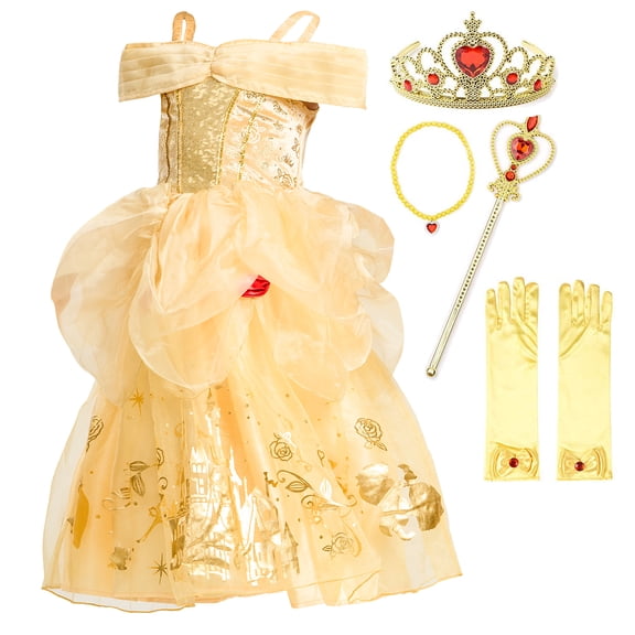 Girls Princess Dress Costume Yellow Fairytale Outfit with Accessories for Halloween Birthday Party