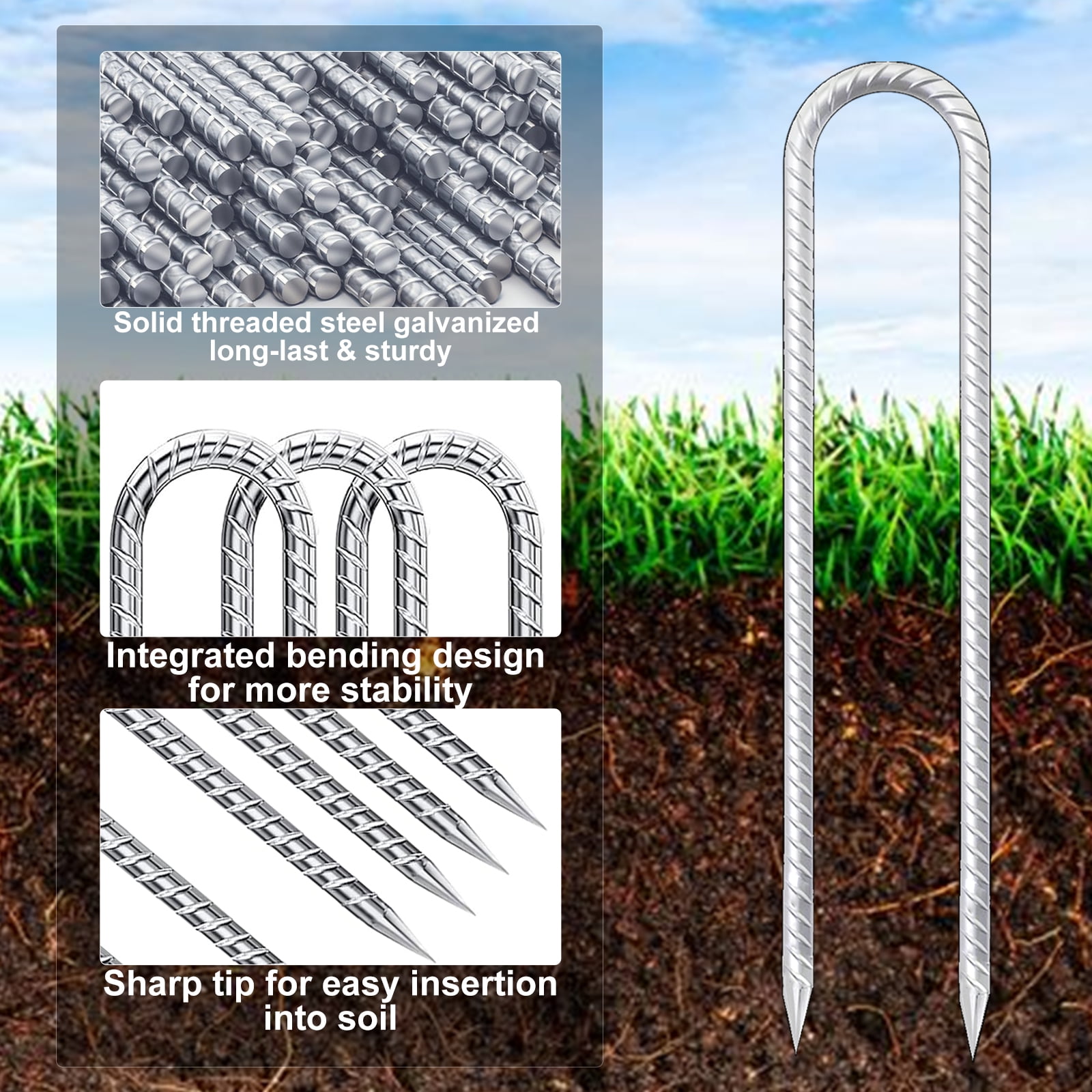 Trampolines Wind Stakes 12 Inch, U Shaped Rebar Stakes Heavy Duty, Safety Ground Anchor Galvanized Steel Wind Stakes for Camping Tents, Soccer Goals, Canopy, Garden, Yard, 8 Pack