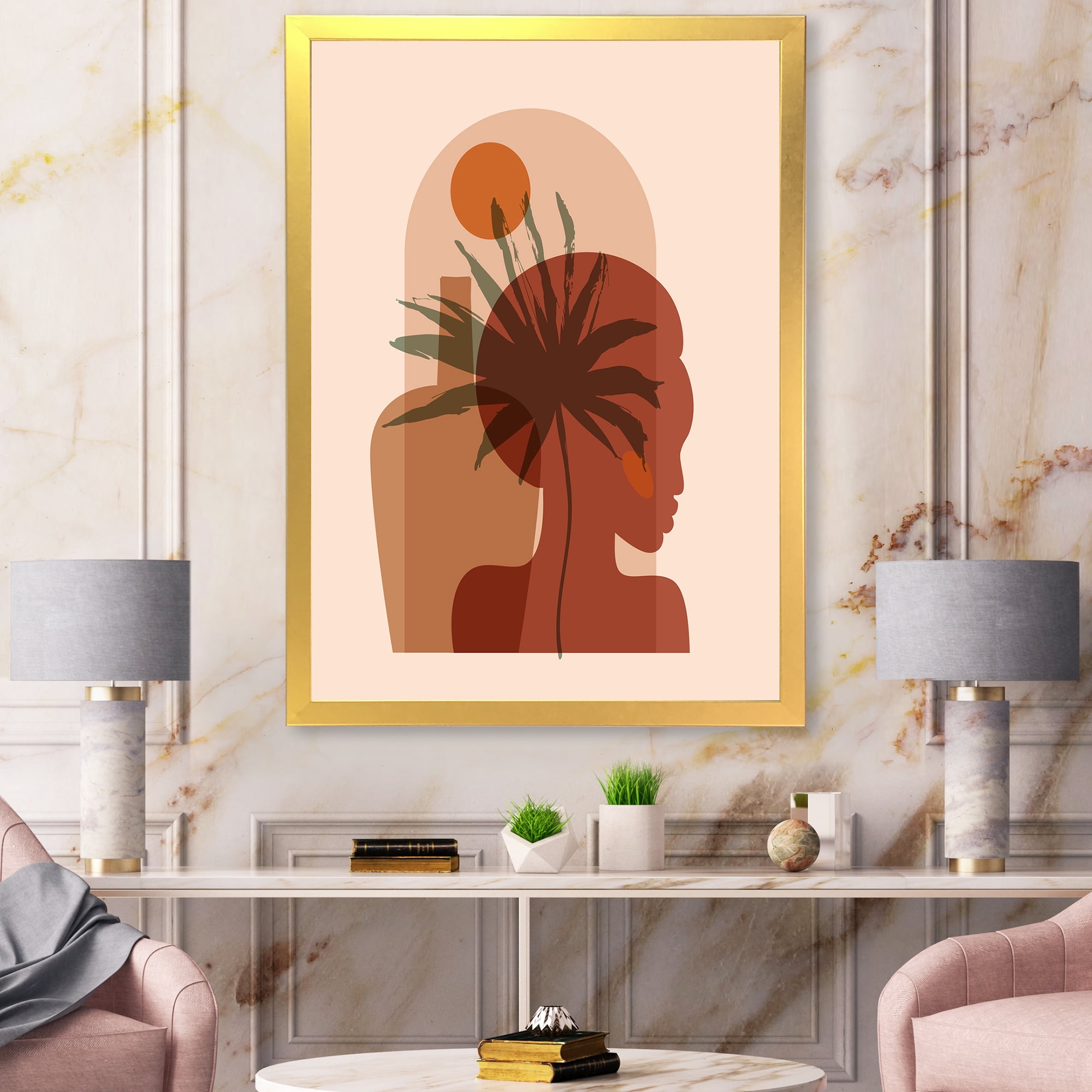 Designart 'Abstract Pretty Girl Portrait and Tropical Palm Leaf' Modern Framed Art Print