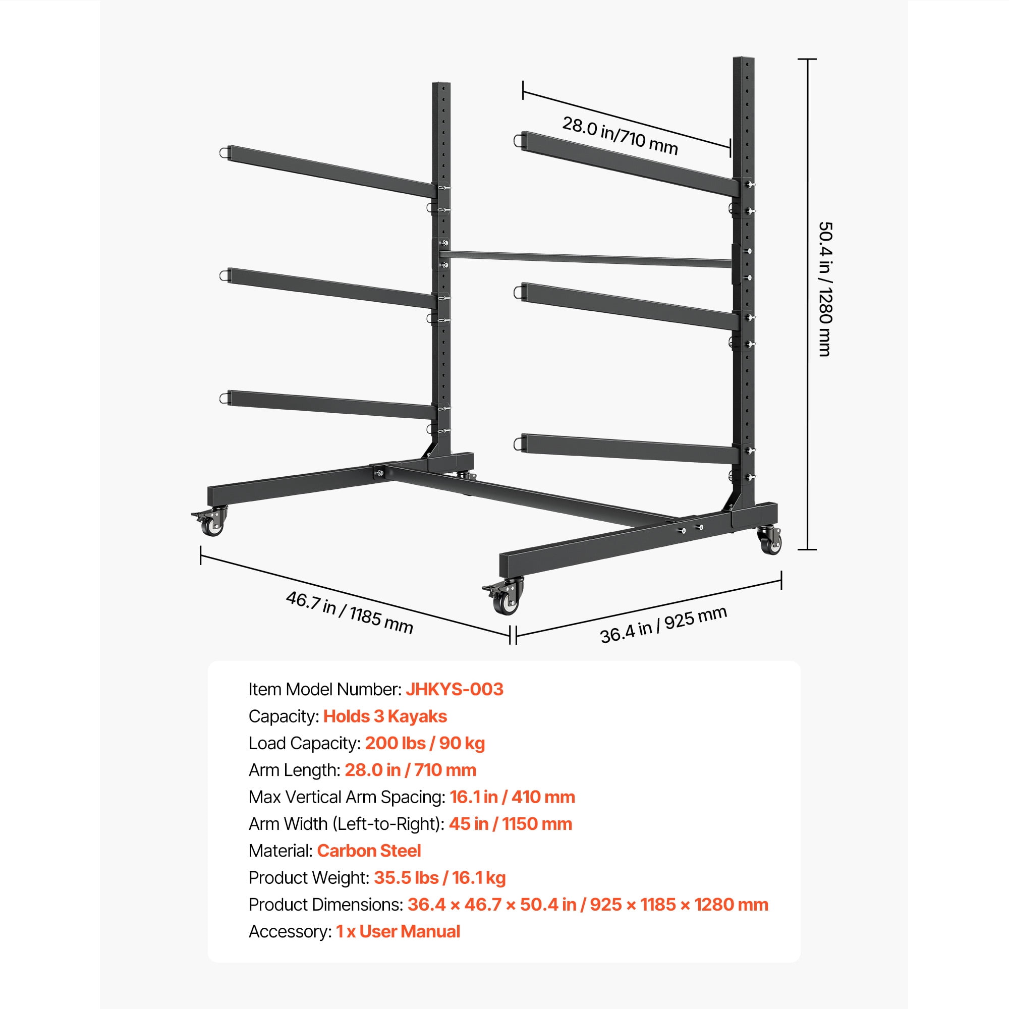 KFFKFF Adjustable Freestanding Kayak Storage Rack for 3 Kayaks, Supports 200 lbs, Durable Stand with Lockable Wheels for Indoor and Outdoor Use, Suitable for Canoes, SUPs, Surfboards,and Paddleboards