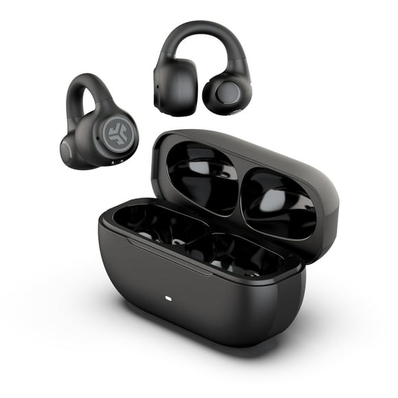 Auriculares abiertos JLab Flex, negros, diseño de puño con clip, libertad de audio inalámbrica de oído abierto, ajuste sin esfuerzo, escucha segura, Bluetooth multipunto, personalización con la aplica