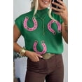 thumbnail image 5 of Women's Western Horseshoe Print Sweater – Bright Green Mock Neck Short Sleeve Summer Knit, XL, 5 of 5