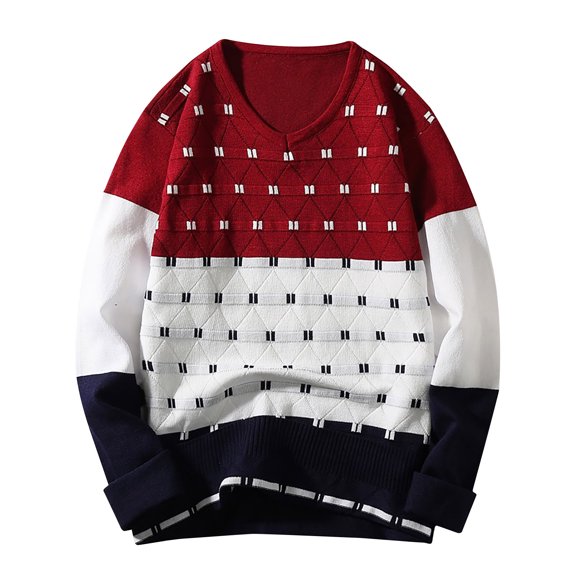 TFEOQRY Pullover Sweater for Men Loose Color Blocked Jacquard Knitwear Long Sleeved Round Neck Sweater Top Burgundy