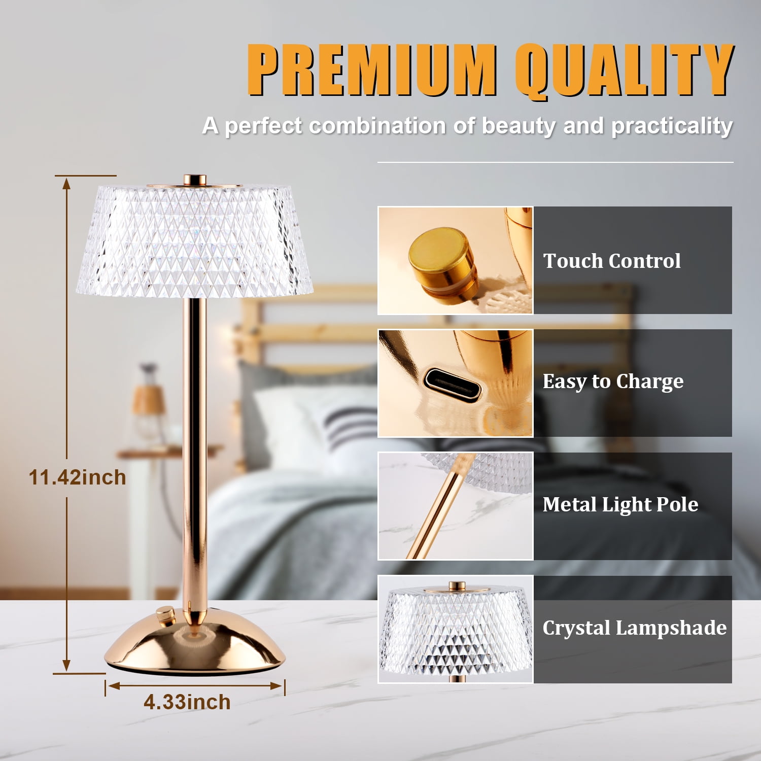 Walchoice Cordless Crystal Table Lamp for Bedroom, 3 Colors Dimmable Touch Control Desk Lamp, Portable Rechargeable Beside Lamp for Living Room, Gold