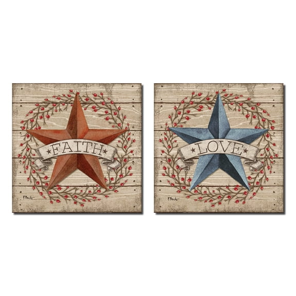 Red And Blue PrimitIVe Folk Art Stars Love and Faith; Two 12x12 Poster Prints