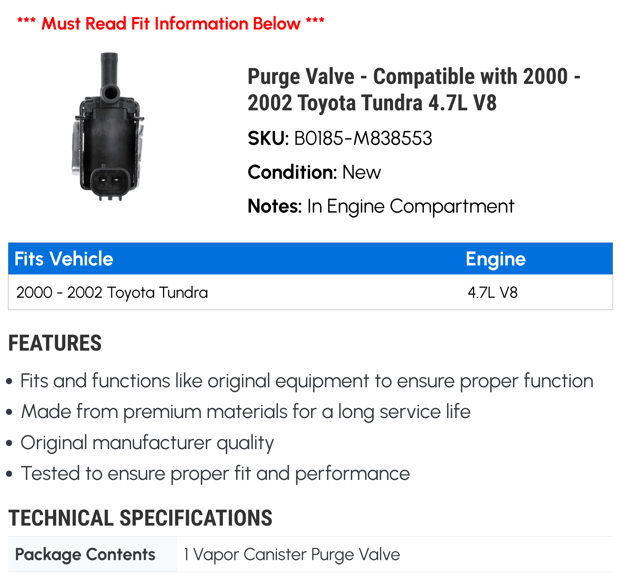 Purge Valve - Compatible with 2000 - 2002 Toyota Tundra 4.7L V8 2001
