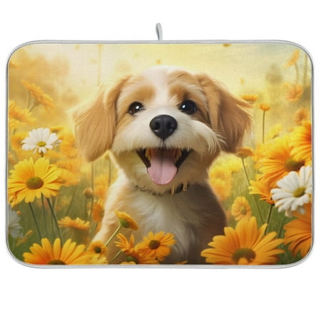 

Dish Drying Mat Cute Dog in Sunflowers Kitchen Mats Microfiber Counter Absorbent Dish Pad Drainer Rack 18 x24