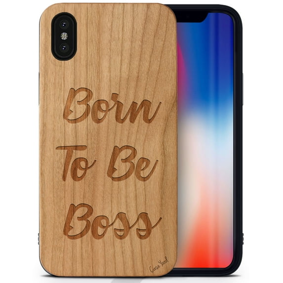 Case Yard Wooden Case Outside Soft TPU Silicone, Slim Fit Shockproof Wood Protective Phone Cover for Girls Boys Men and Women, Supports Wireless Charging Born To Be Boss Design case for iPhone-X