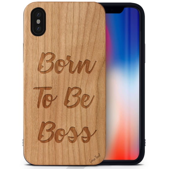 Case Yard Wooden Case Outside Soft TPU Silicone, Slim Fit Shockproof Wood Protective Phone Cover for Girls Boys Men and Women, Supports Wireless Charging Born To Be Boss Design case for iPhone-XS-Max