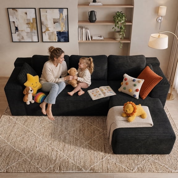 105" Modular Sectional Sofa, L-Shaped Cloud Couch with Chaise, Corduroy Boneless Couch with Deep Seat, No Assembly Required, Right Facing, Black