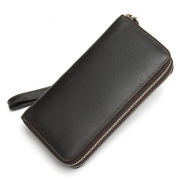 Men's Genuine Leather Double Zipper Wallet Clutch with Wrist Strap - Large Capacity CowhideWallet with Card Slots, Phone Pocket, Coin Pouch - Coffee
