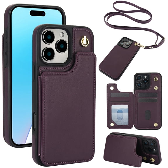 Decase Premium Wallet Phone Case for iPhone 16 Pro,Shockproof Luxury Leather Kickstand Card Slots Case for Women Men,Double Magnetic Clasp Flip Leather Wallet Cover with Shoulder Strap,Darkpurple