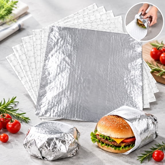 Tutuviw 50 Pcs Sandwich Wrap Paper Insulation Paper Aluminum Foil Sheets for Burgers Wrapping Pre-Cut Foil Paper Heavy Duty BBQ Burrito Wrapping Paper Foil Sheets & Tin Paper (12x12in)