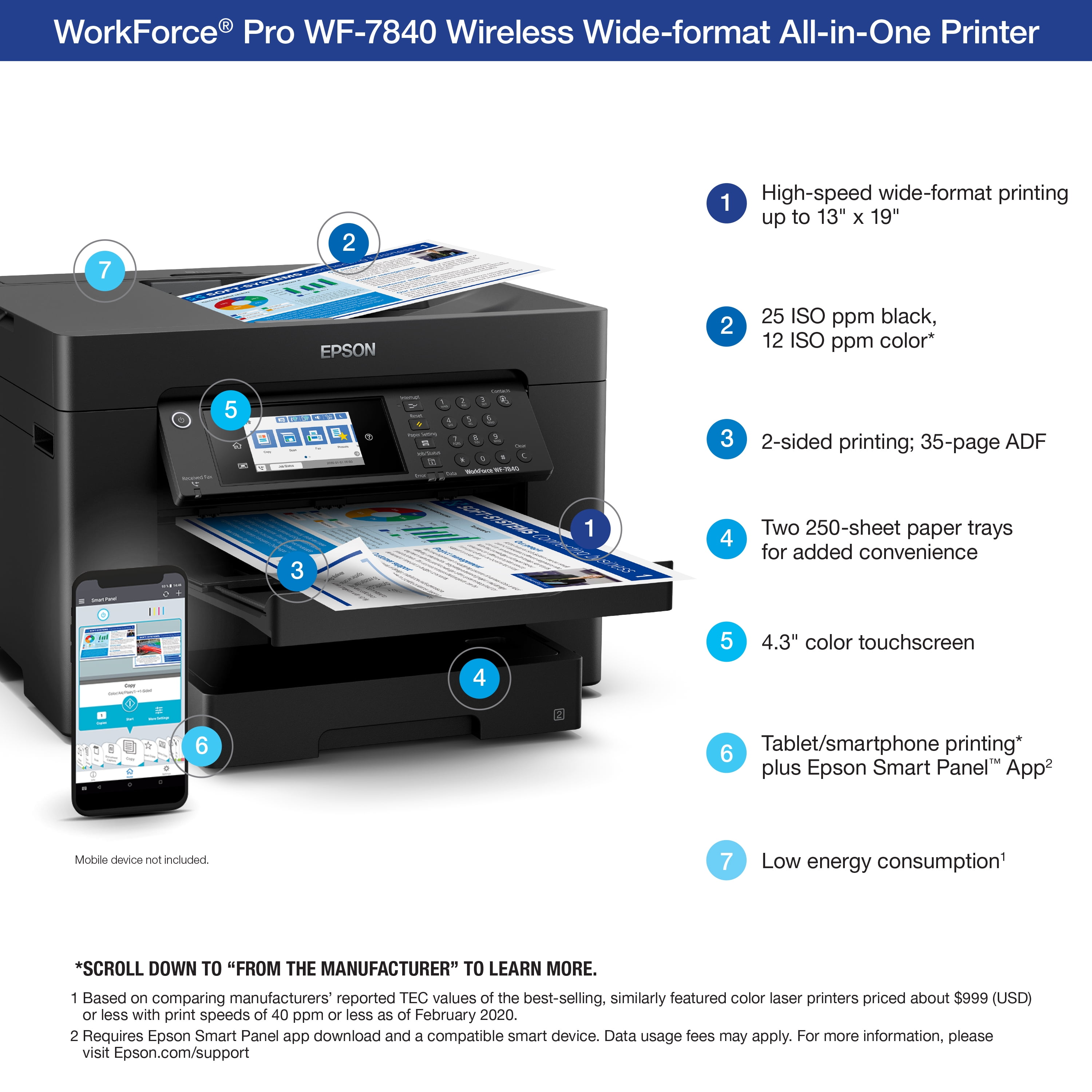 Wide-Format up and 2-Sided Workforce 500-Sheet x Auto and Wireless Printer Capacity, Fax, with to 4.3\