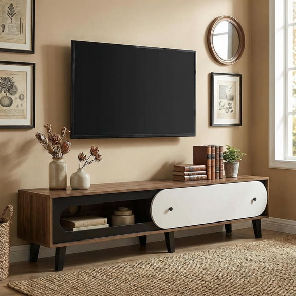 Barara King TV Stand for 80 Inch TVs Mid Century Modern Entertainment Center with Sliding Door Cabinet for Living Room Media Console Furniture, Walnut
