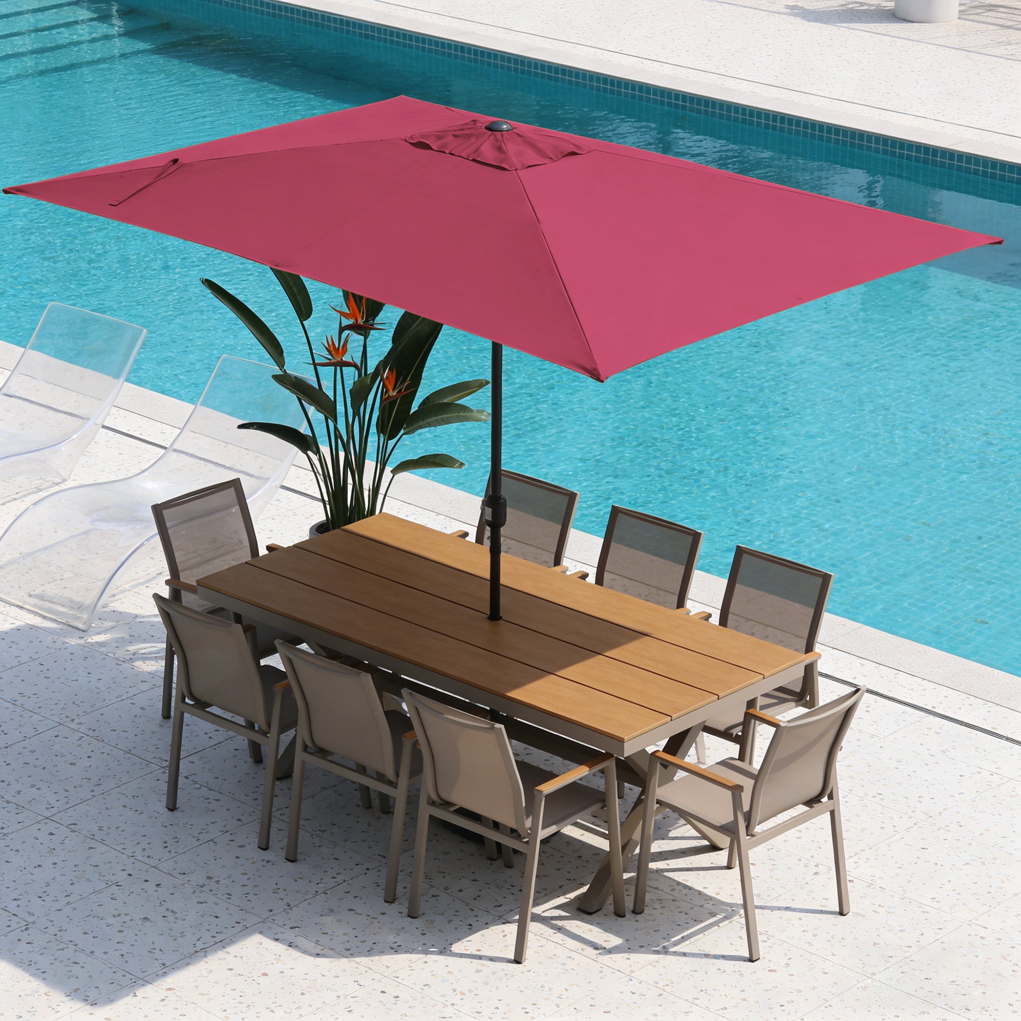 Abble 10x6.5ft Rectangular Patio Umbrella with Crank Handle, Outdoor Market Umbrella with 6 Sturdy Umbrella Ribs, Waterproof, Burgundy