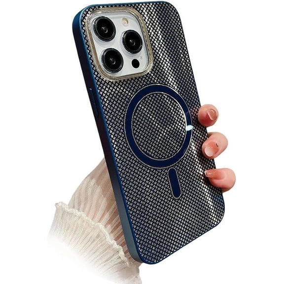 Designed for iPhone Case,Luxury Electroplated Grid Pattern[Compatible with Magsafe] Shockproof Protective Cover Phone Case (iPhone 15 Pro Max,Blue)