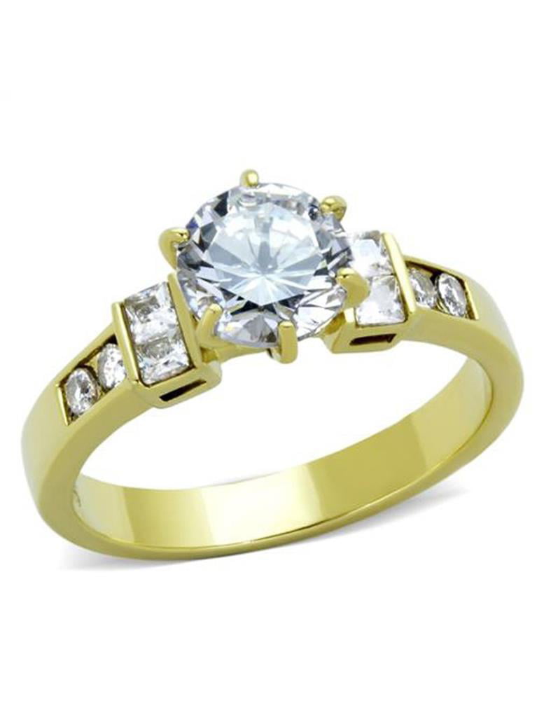 Women's 14k Gold Plated Three Stone CZ Stainless Steel Engagement Ring Size 5-10 