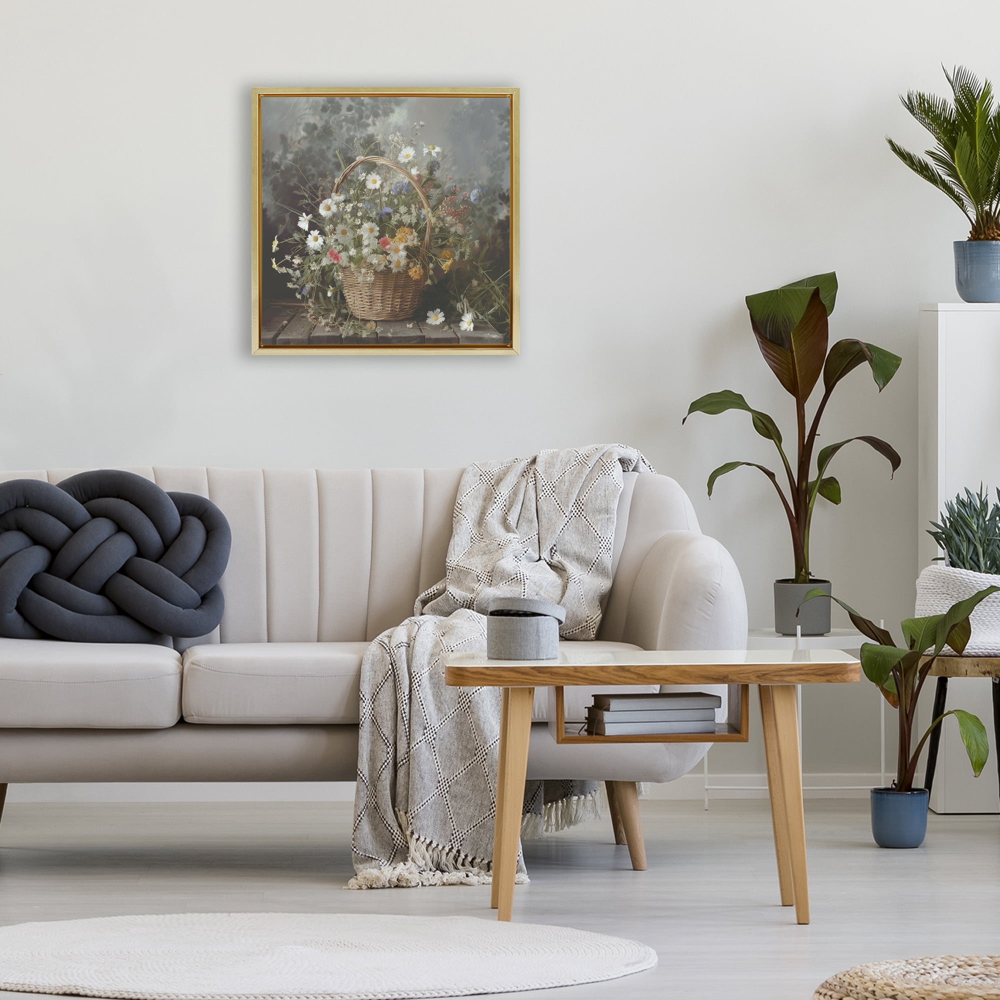 Stupell Industries Florals In A Basket Arrangement Gold Framed Floater Canvas Wall Art, design by Lazar Studio