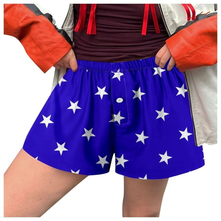 Blphud Beach Vacation Clothes for Women Women s Shorts plus Size Women Shorts Soft Elastic Low Waist Print Button Front Pajama Bottoms Boxer Shorts Sleepwear Womens Short Cotton Blue S
