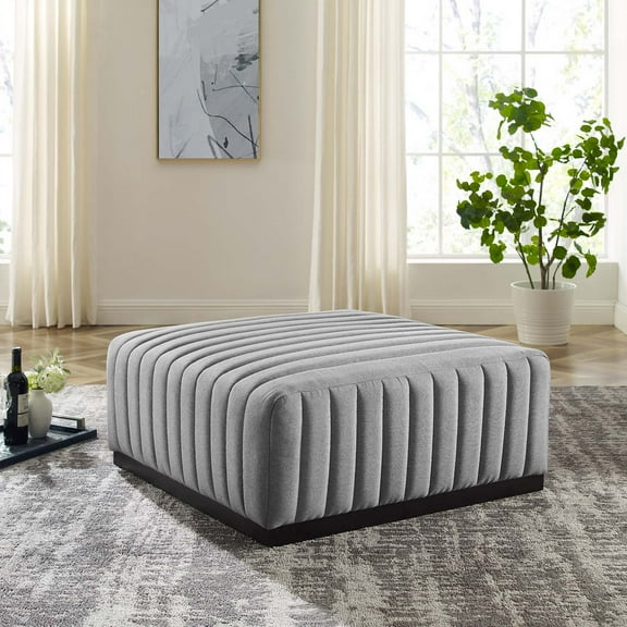 Modway Conjure Channel Tufted Upholstered Fabric Ottoman in Black Light Gray
