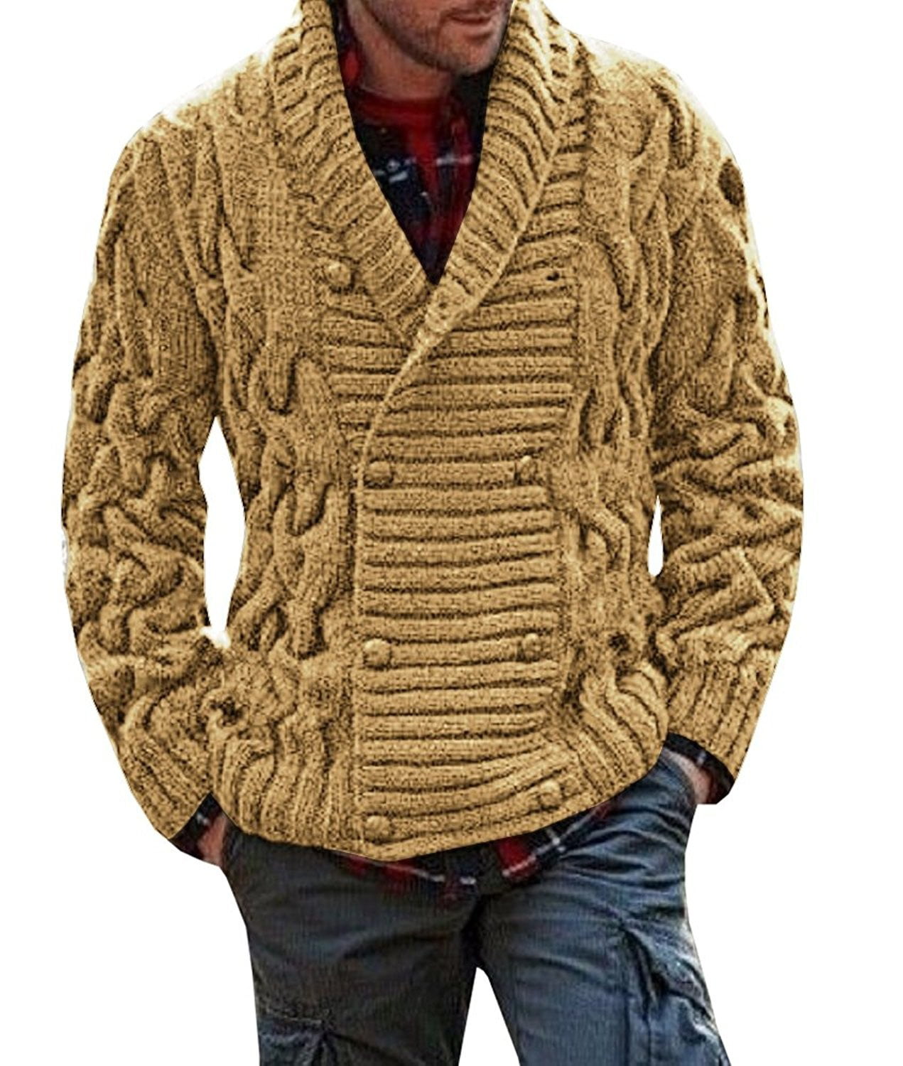 Men's Knitted Thick Shawl Collar Double Breasted Sweater Coat | Walmart ...