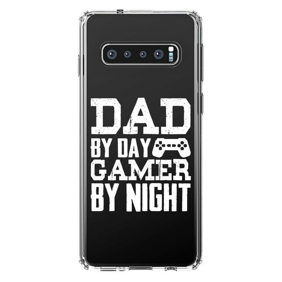 DistinctInk Clear Shockproof Hybrid Case for Samsung Galaxy S10 (6.1" Screen) - TPU Bumper Acrylic Back Tempered Glass Screen Protector - Dad By Day Gamer By Night