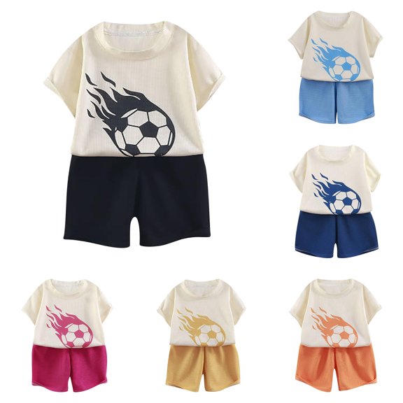 OSOLU Children Boys Outfits Knit Short Sleeve Football Pattern T-Shirts and Shorts Casual 2 Piece Tracksuit Soft Comfortable Holiday Vacation Clothing Sets