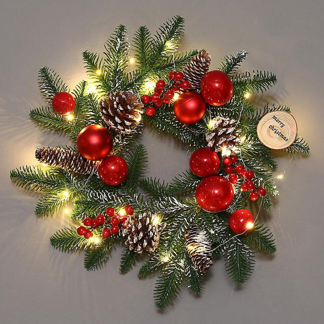 Corona Navideña Artificial CHAO Verde con Luz Cálida 45 cm Decoración de Piñas y Bayas
