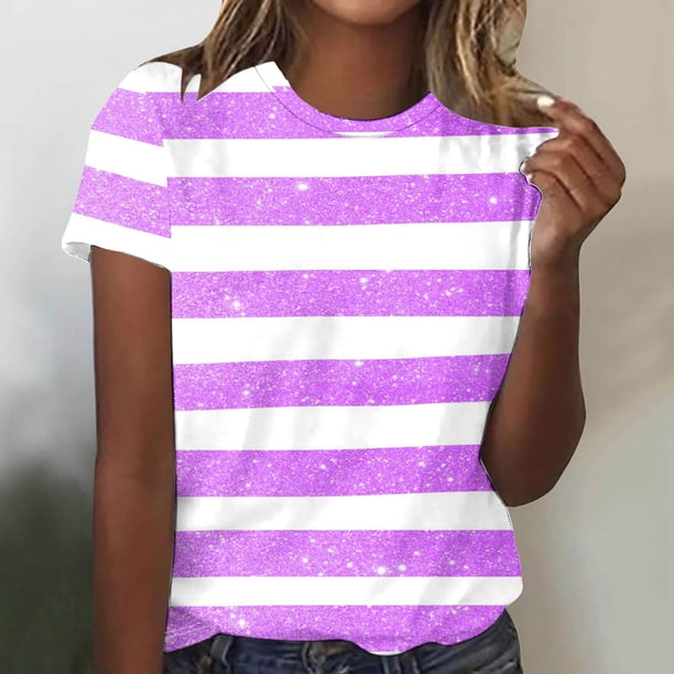 Fiudx Ofertas de La Semana Camiseta de Manga Corta con Cuello Redondo y Estampado a Rayas Informal a La Moda para Mujer