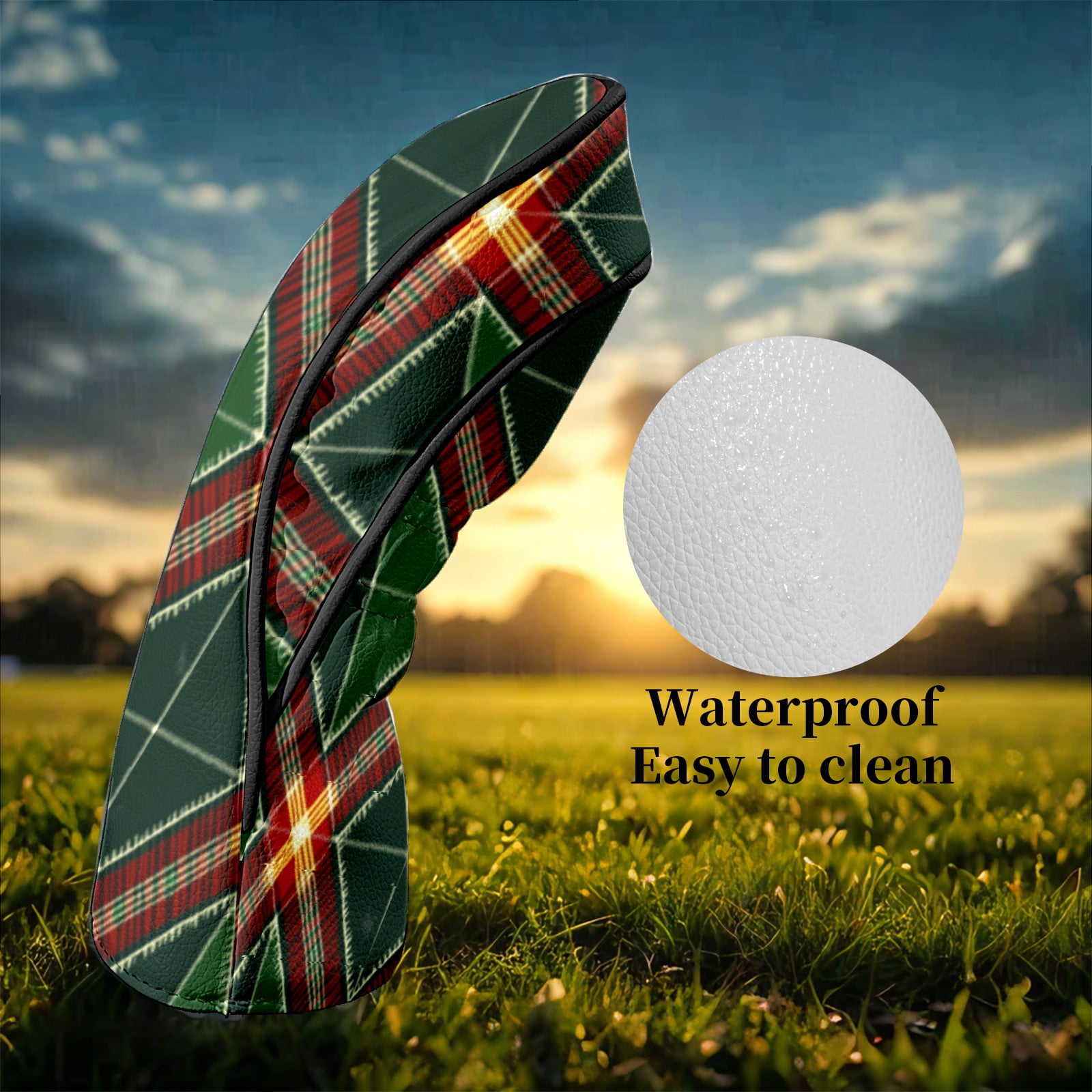 Golf Head Covers for Woods and Driver Waterproof Leather Golf Club Head Covers for Women Men Golf Driver Fairway Wood Headcover Green Argyle Seamless Design