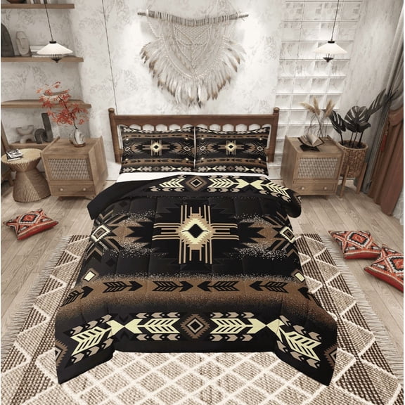 Erosebridal Boho Bohemian Bedding Twin Comforter Set,Black Brown Down Comforter,Microfiber Reversible Bedding Sets Twin with Comforter,Aztec Decor,3pcs