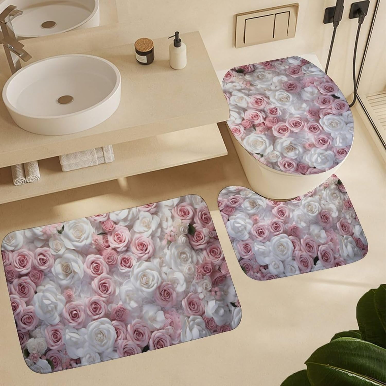 Beautiful Pink Roses Shower Curtain Sets with Rugs Toilet Lid Cover and Bath Mat Colorful Romantic Floral Shower Curtains with 12 Hooks Waterproof 4 Piece Bathroom Decor Set