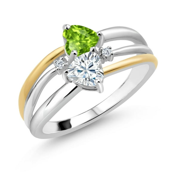 Gem Stone King 925 Silver and 10K Yellow Gold Green Peridot and White Moissanite and White Lab Grown Diamond Band Ring for Women (0.94 Cttw, Gemstone August Birthstone, Heart Shape 5MM, Size 9)