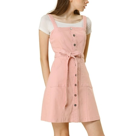 Unique Bargains Women's Dresses A-Line Overall Denim Dress (Size M / 10) Pink