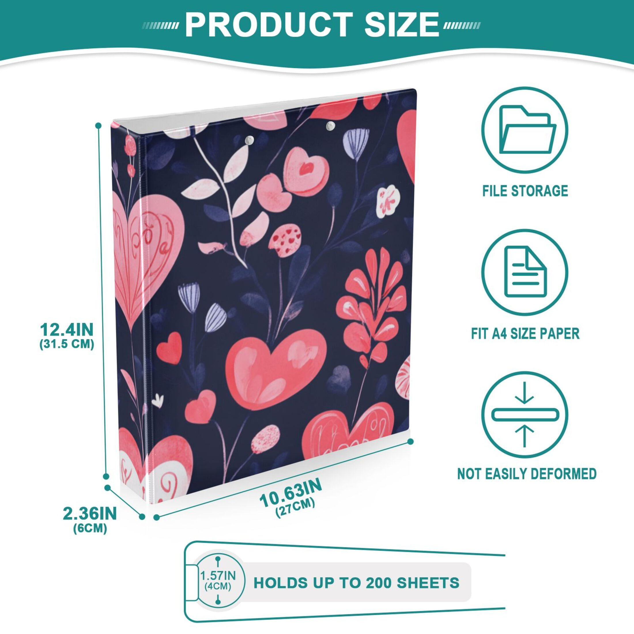 Valentines Day Hearts and Leaves 3 Ring Binders 1.5 inch Hardcover File Folders with Interior Pockets A4 Size Organizer for School Office Hospital Set of 2