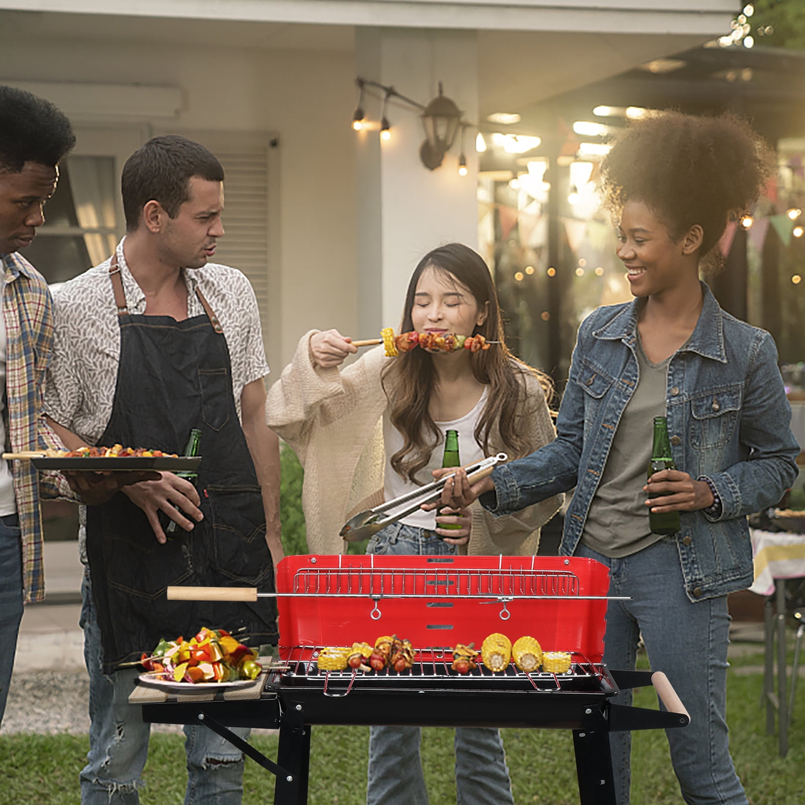 Enamel Charcoal Oven with Wheels, 85*42*86cm, Black/Red, Portable and Easy-to-Move, Perfect for Outdoor BBQ Parties.