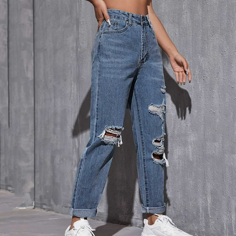 Women's Jeans Elastic Pockets Buttons High Waist Denim Hole Female