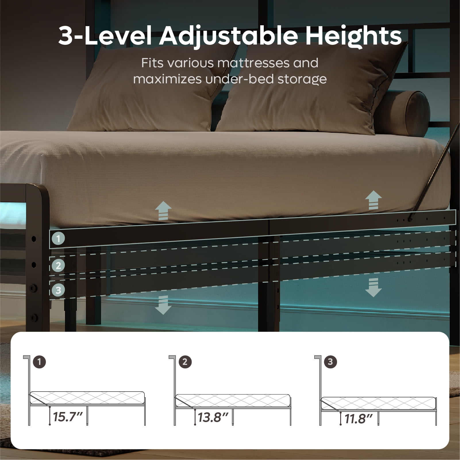 Bestier Queen Size Bed Frame with LED Headboard & Charging Station, Metal Platform Bed with 15.7'' Large Under Bed Storage, Black